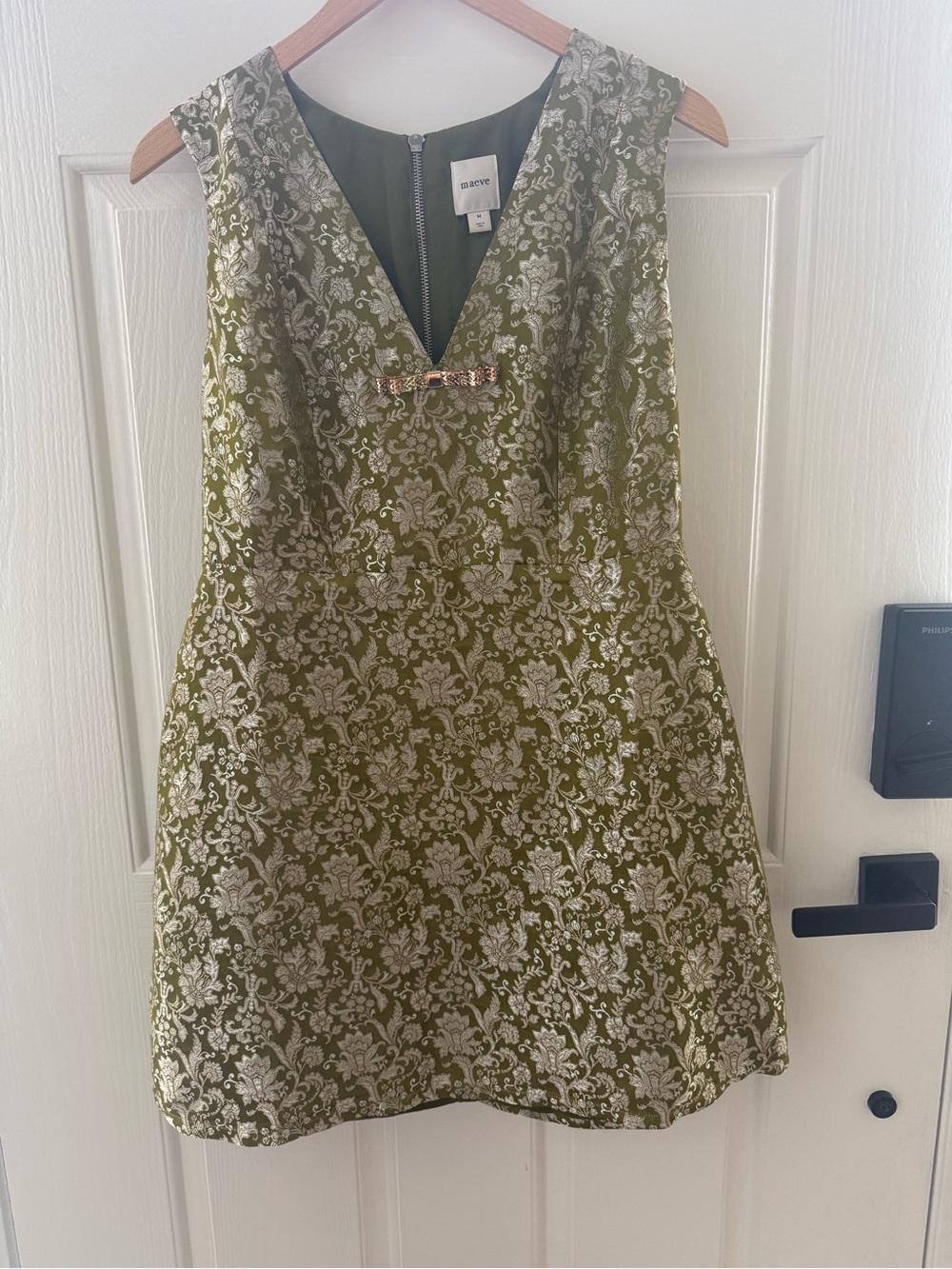 Mauve brocade mini dress.